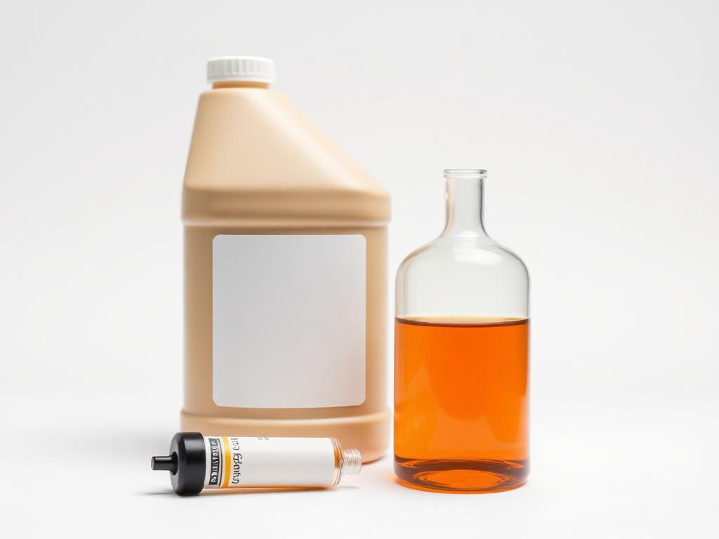 Studio category illustration for Hydraulic & Maintenance Fluids — industrial oil jug and amber fluid in a beaker