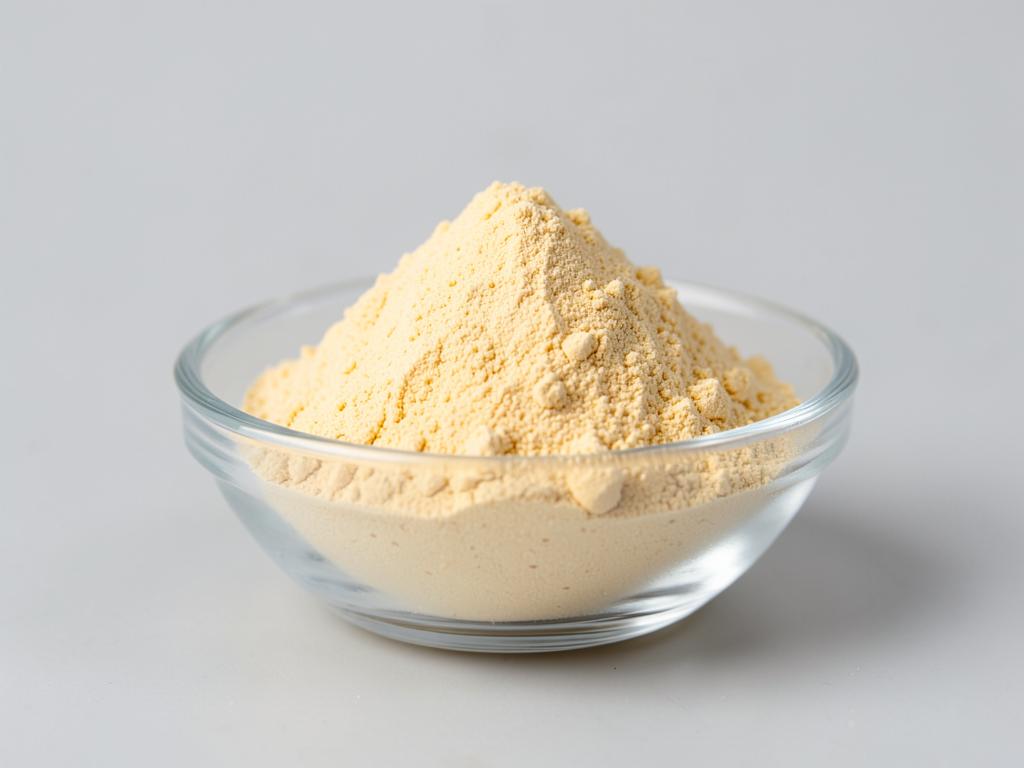 Lucuma Powder shown as a dried milled botanical powder in a shallow dish in a neutral studio photograph