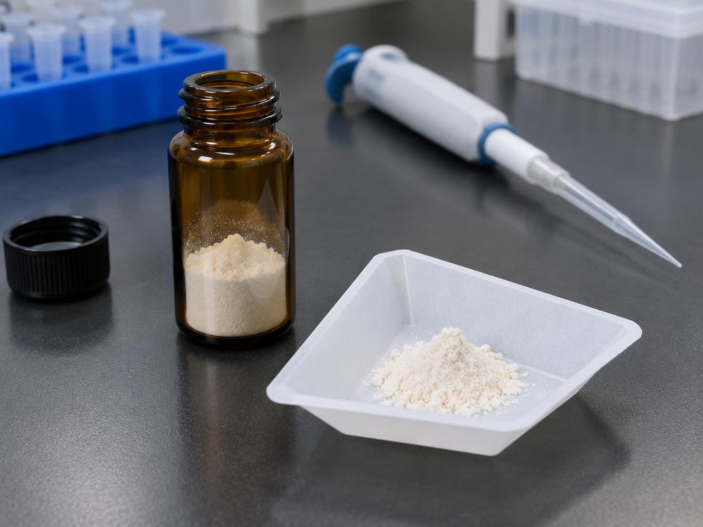 Off-white enzyme powder in a lab vial — generic product illustration