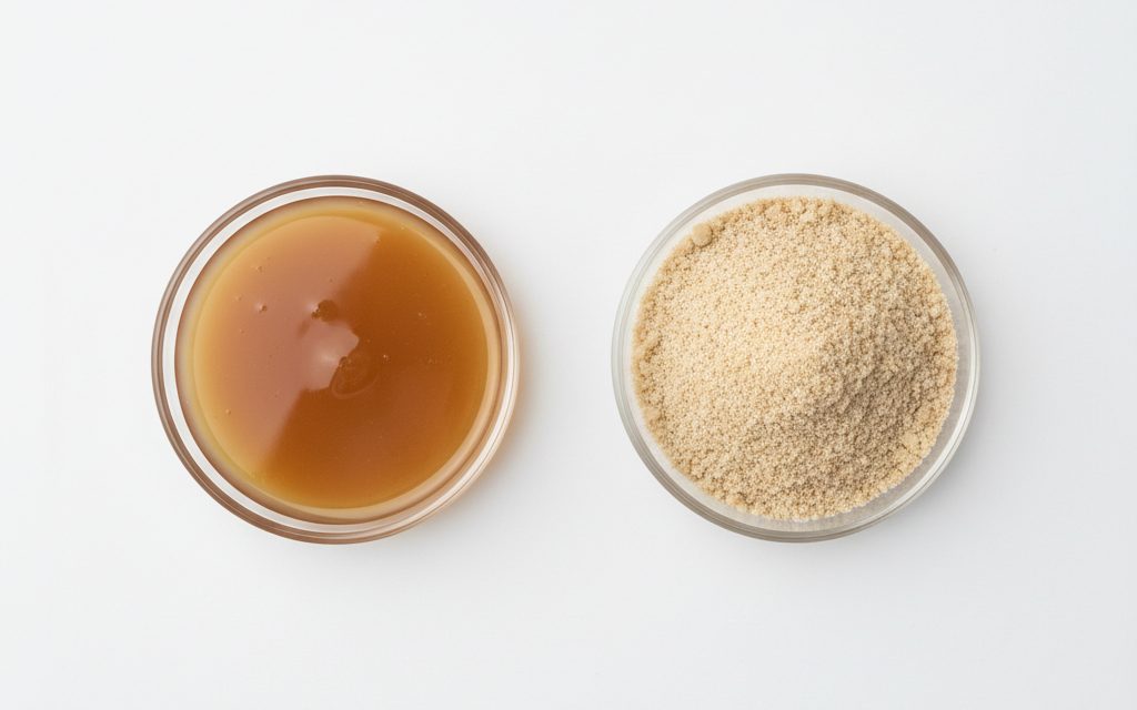 Lysolecithin — tan to brown viscous liquid or a light tan powder, appearing as a waxy or flowable organic material, studio product photograph