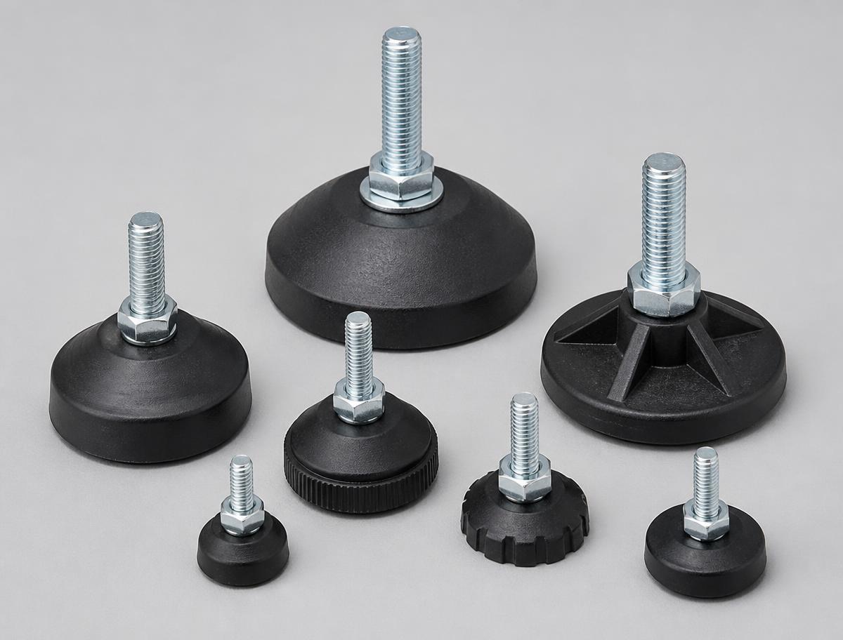 Range of black plastic machine levelling feet with zinc-plated threaded stems and lock nuts in several base diameters