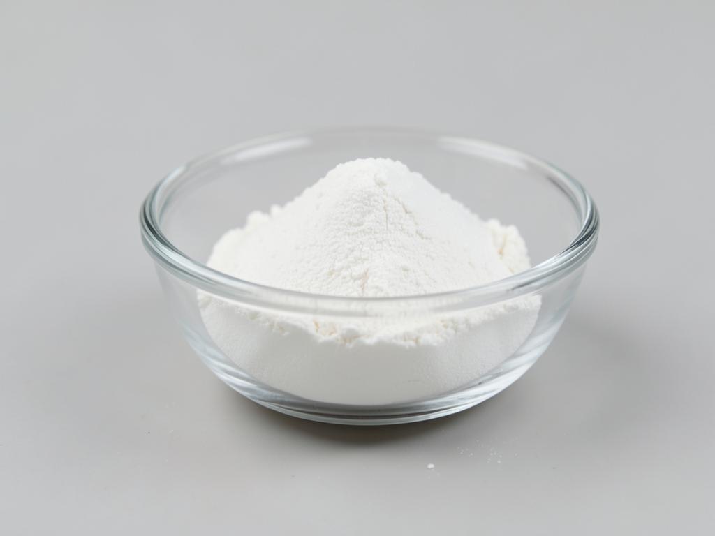 Magnesium Caprylate shown as a fine free-flowing mineral powder in a shallow dish in a neutral studio photograph