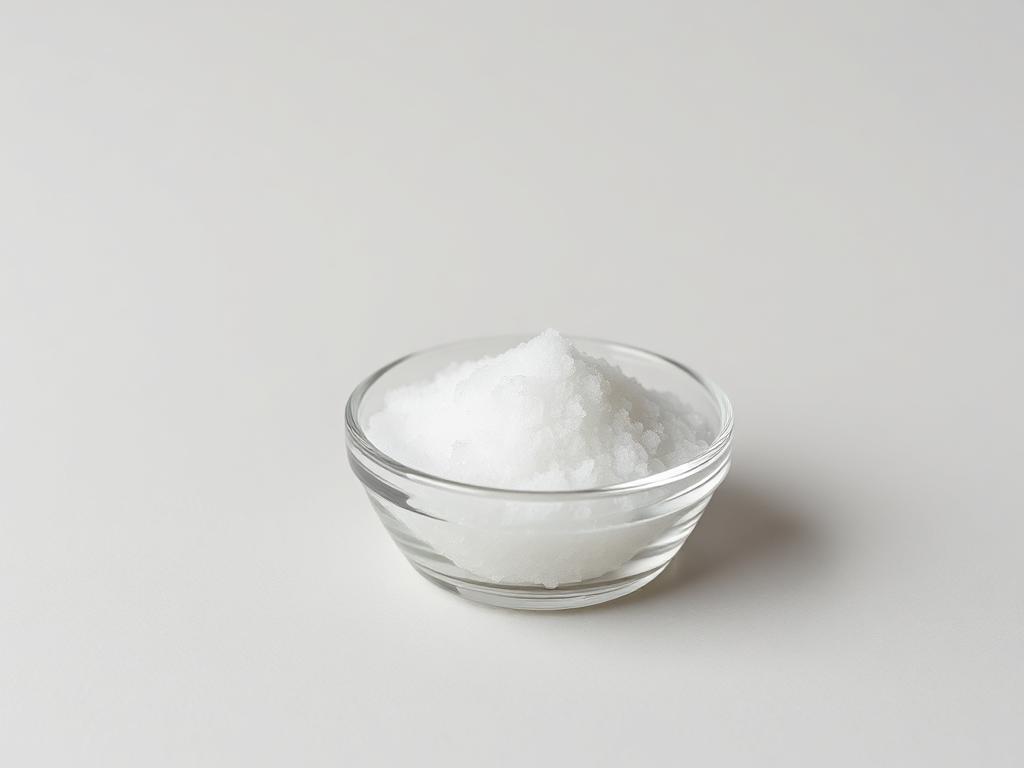 Magnesium sulfate (Epsom salt) crystals in a glass dish — product illustration