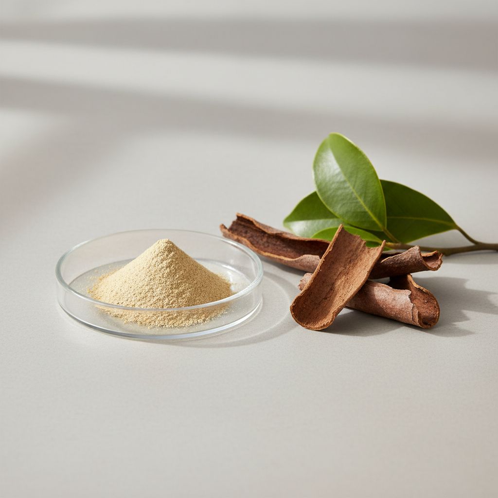 Illustrative studio sample of Magnolia Bark Extract beside Magnolia officinalis source material