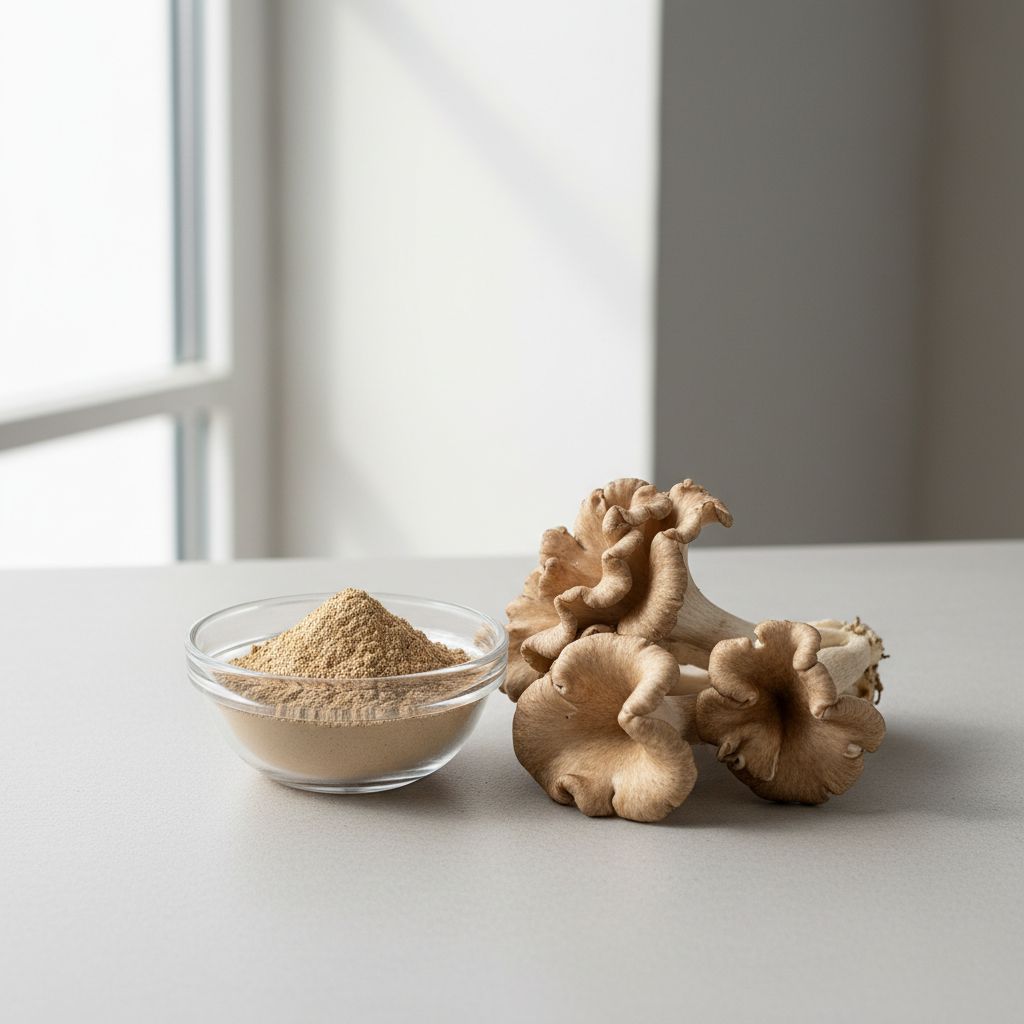 Illustrative studio sample of Maitake Mushroom Extract beside Grifola frondosa source material