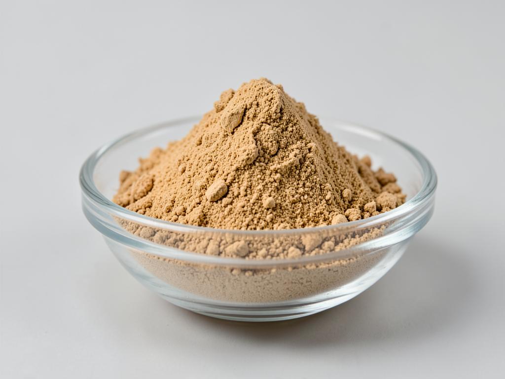 Maitake Mushroom Powder shown as a fine dried mushroom powder in a shallow dish in a neutral studio photograph