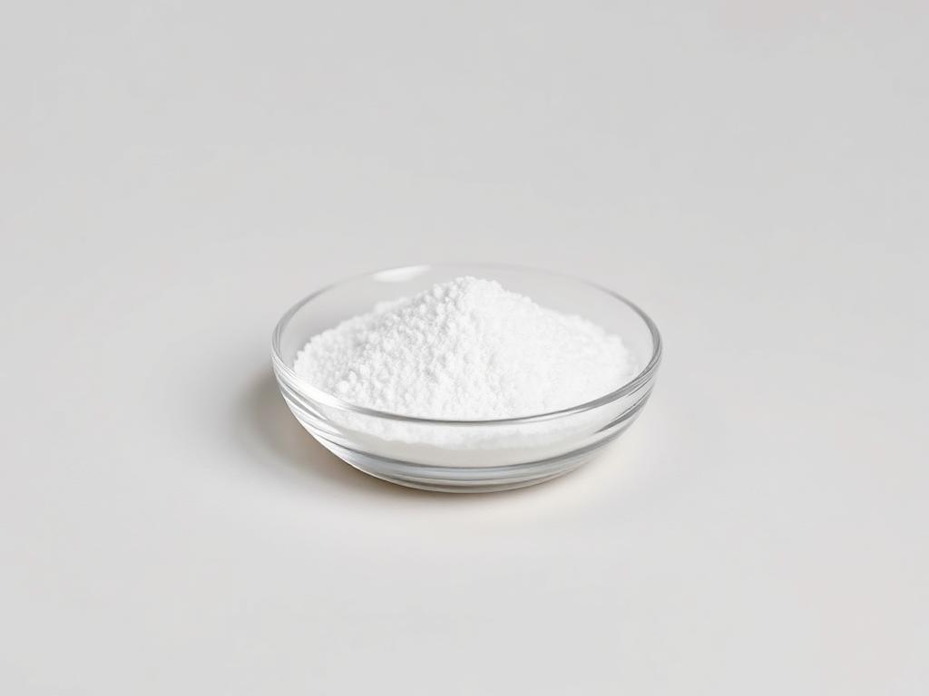 White crystalline malic acid powder in a plain glass dish — studio category illustration