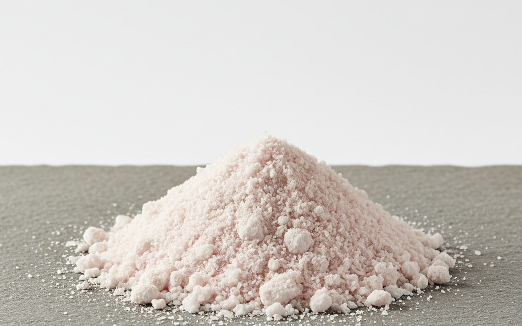 Manganese Sulphate Monohydrate — pale pink to off-white crystalline powder or granules, appearing as a dry, dense, and slightly tinted mineral solid, studio product photograph