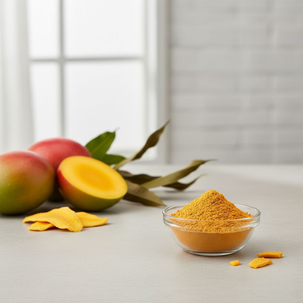 Illustrative studio sample of Mango Juice Powder beside Mangifera indica source material