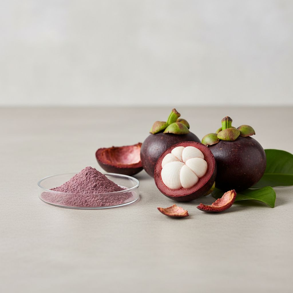 Illustrative studio sample of Mangosteen Extract beside Garcinia mangostana source material