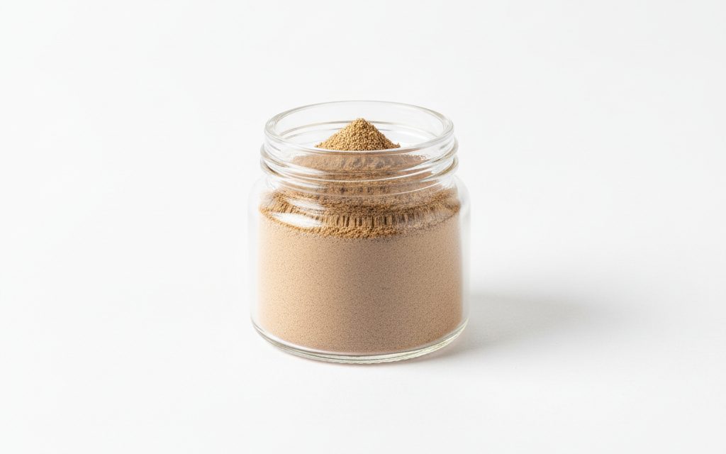 Mannan Oligosaccharides (MOS) — a light to medium brown powder derived from yeast cell walls, showing a fine, non-crystalline texture in a laboratory dish, studio product photograph