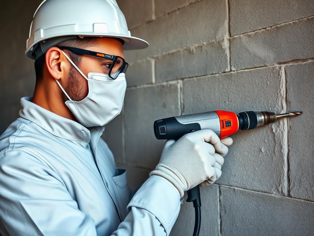 Tradesperson drilling into a concrete block wall with a hammer drill fitted with a carbide-tipped masonry drill bit