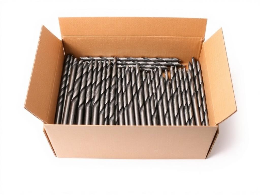 Open carton of loose unbranded carbide-tipped masonry drill bits for bulk industrial supply