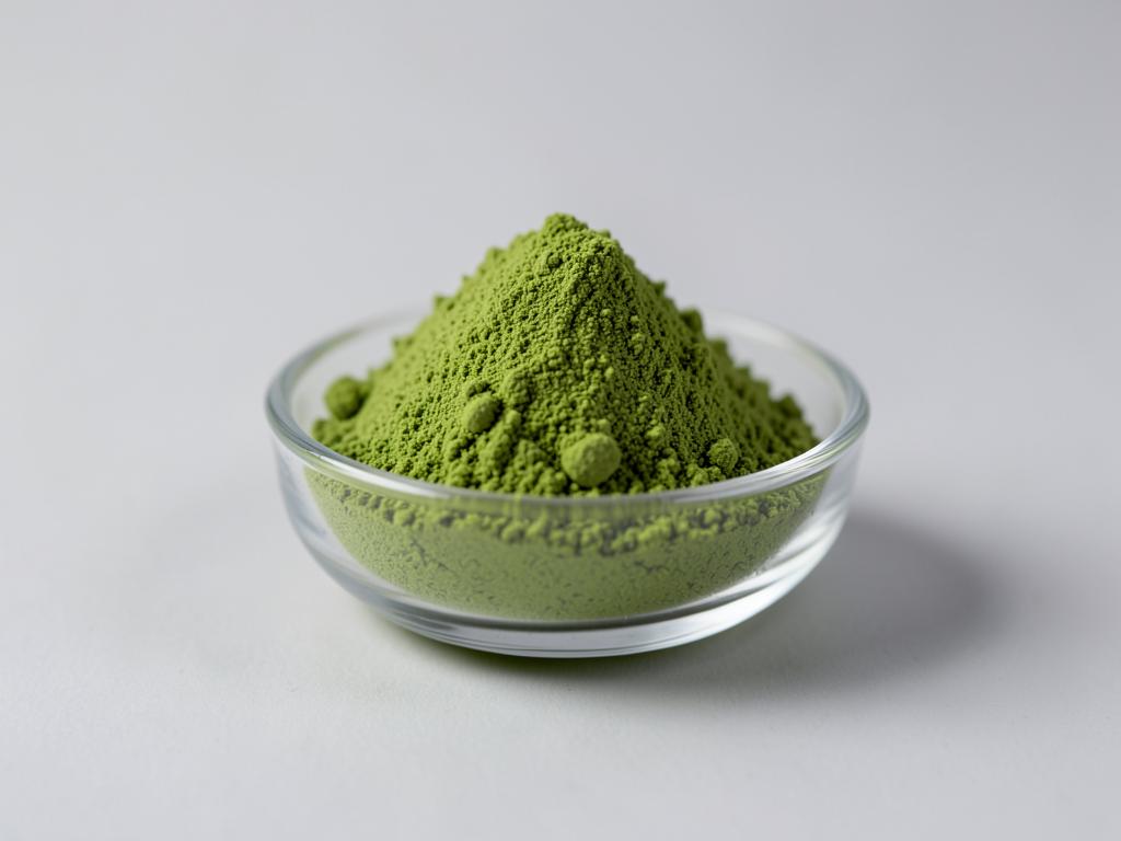 Matcha green tea powder shown as a vivid fine green powder mound in a small glass dish in a neutral studio photograph