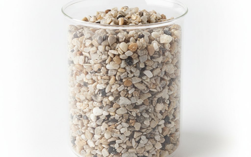 Grade confirmed at quotation — coarse, heterogeneous plastic pellets often containing visible abrasive fibers or mineral fillers in a neutral or variegated color, studio product photograph