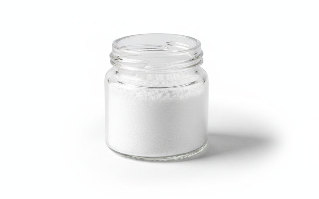 Melamine — pure white, fine monoclinic crystalline powder that is nearly odorless and possesses high thermal stability for industrial resin synthesis, studio product photograph