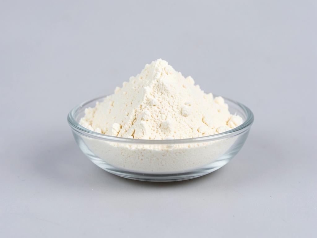Melatonin Powder shown as a fine crystalline powder in a shallow dish in a neutral studio photograph
