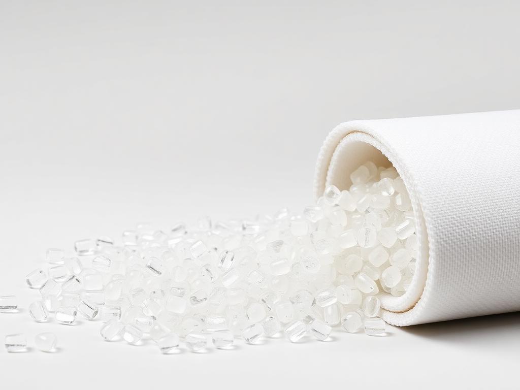 Small heap of translucent melt-blown polypropylene pellets beside a soft white nonwoven web on a neutral studio background