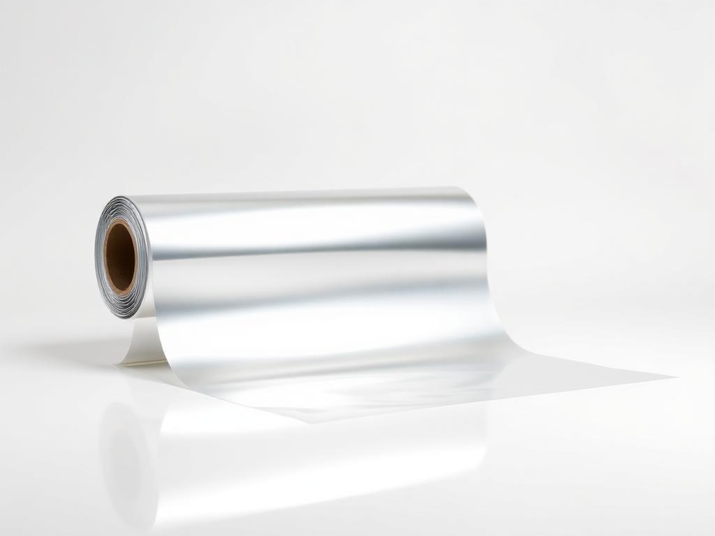Reel of silver vacuum-metallized packaging film on a neutral studio background