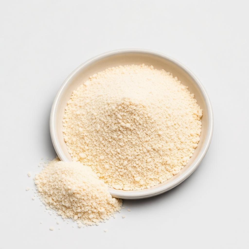 Methionine hydroxy analogue calcium salt (MHA-Ca) — dry off-white free-flowing granular feed additive powder in a plain dish, studio product photograph