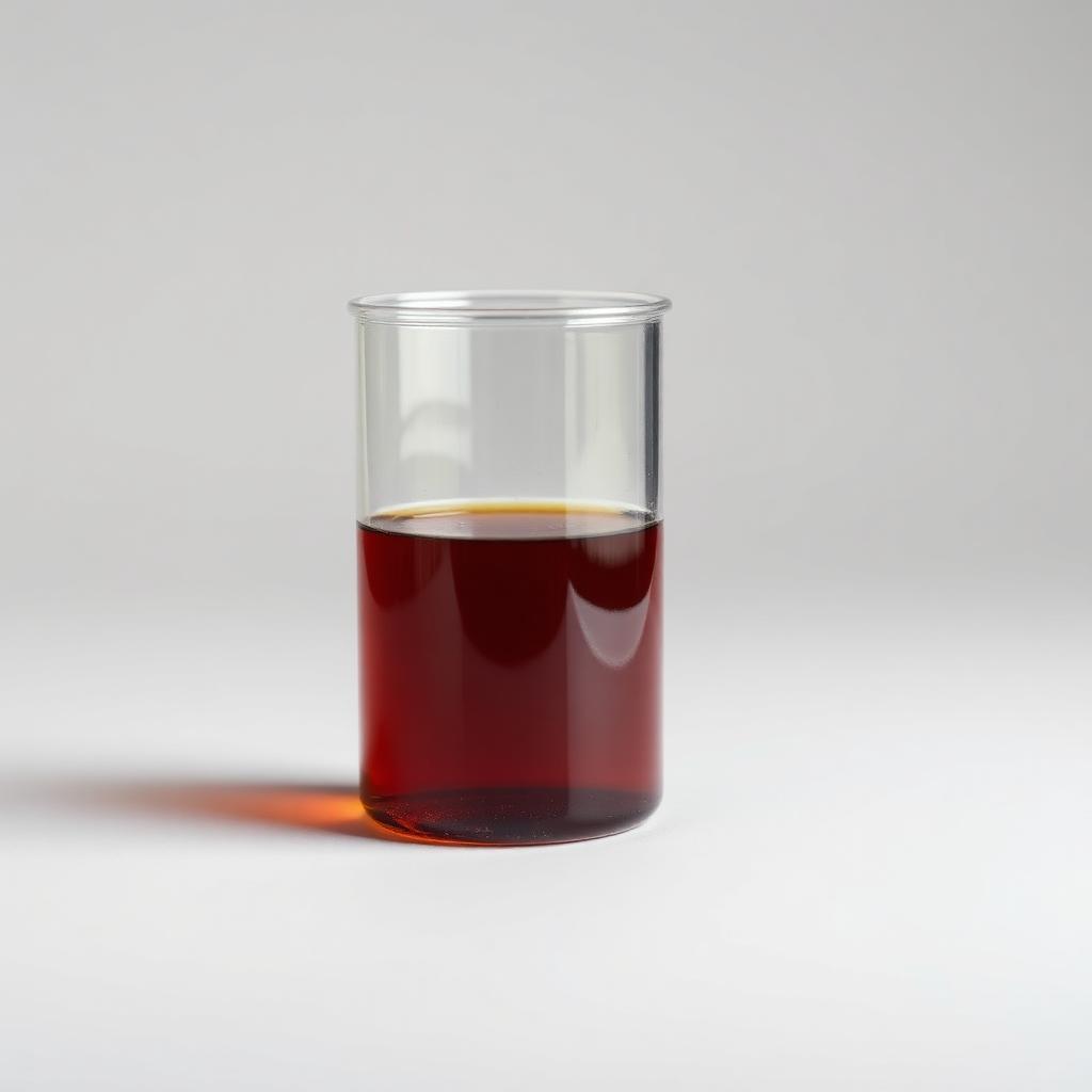 Liquid methionine hydroxy analogue (HMTBa) — amber to dark brown viscous feed-grade liquid in a plain laboratory beaker, studio product photograph