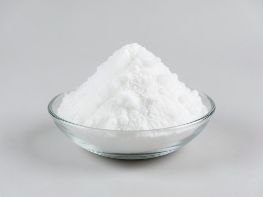 Methylcellulose shown as a fine white fibrous powder in a shallow dish in a neutral studio photograph