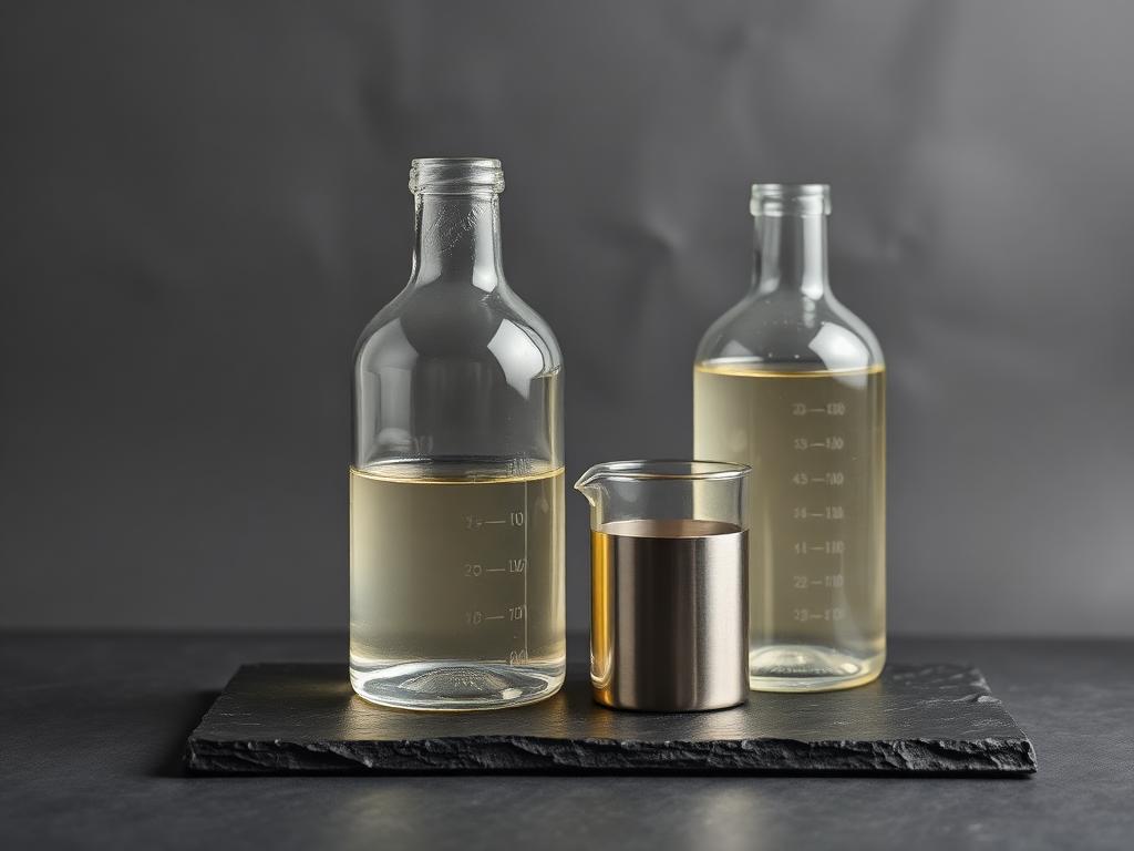 Clear colourless flotation frother liquid in a glass laboratory bottle beside a stainless beaker on a dark slate studio surface