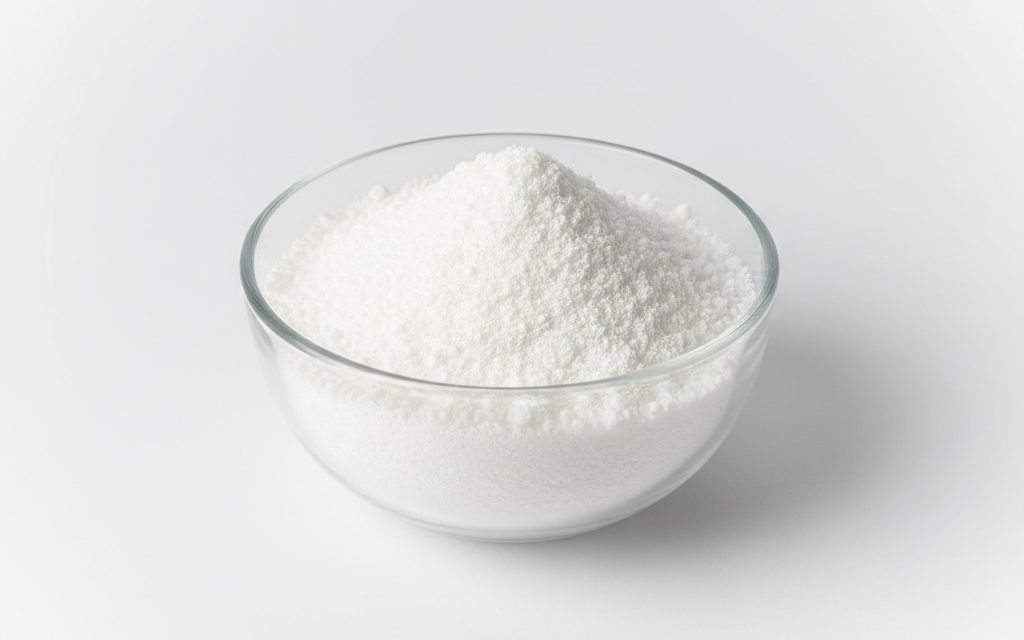 Microcrystalline Cellulose (MCC) — a white, odorless, free-flowing crystalline powder with a non-fibrous texture, typically shown as a clean, uniform dry heap, studio product photograph
