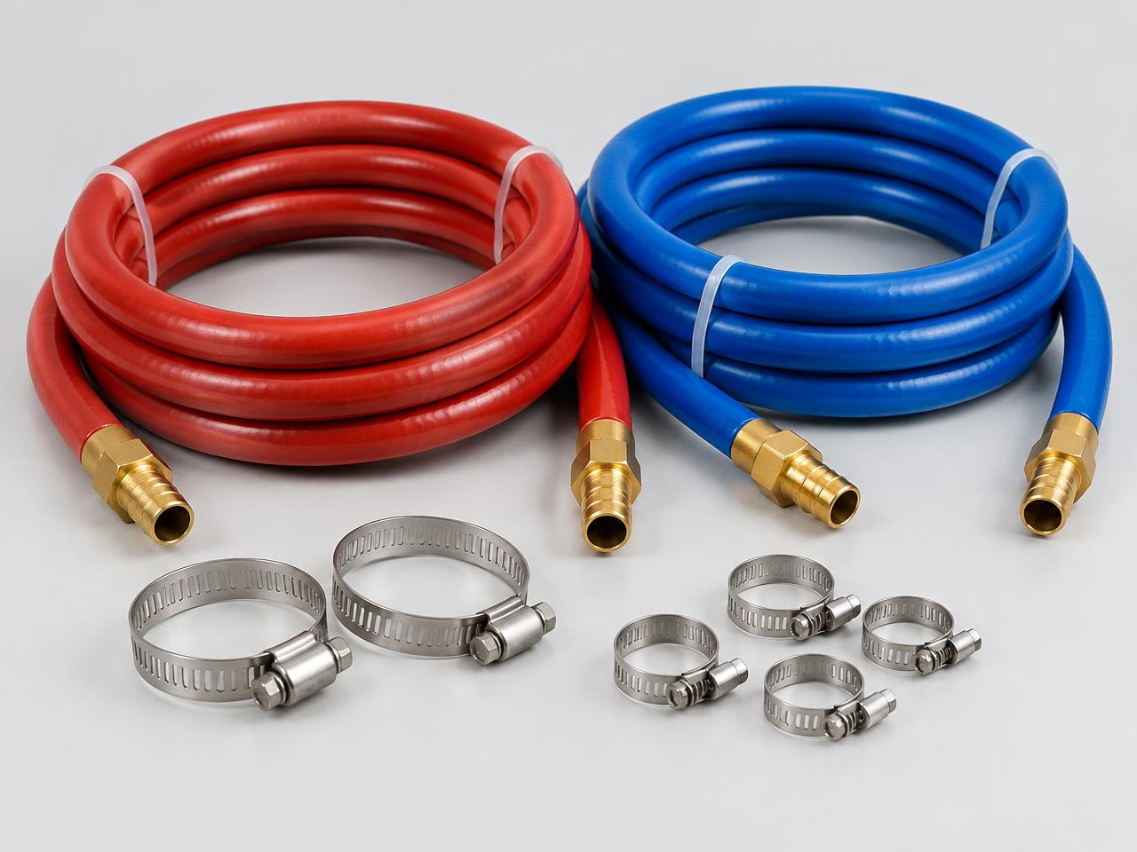 Unbranded red and blue mold cooling hoses with hose clamps — product illustration