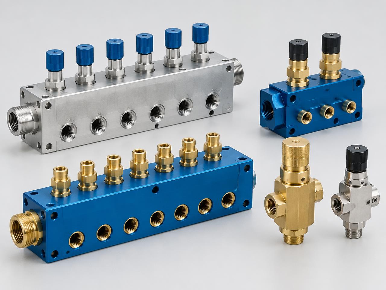 Unbranded mold cooling manifolds and water flow regulators — product illustration