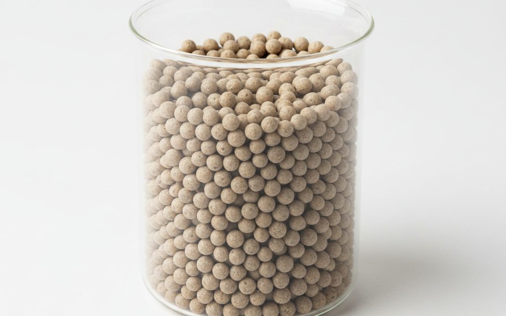 Molecular Sieve — hard, tan or greyish-beige spherical pellets or beads with a matte finish and a porous, non-dusting crystalline structure, studio product photograph