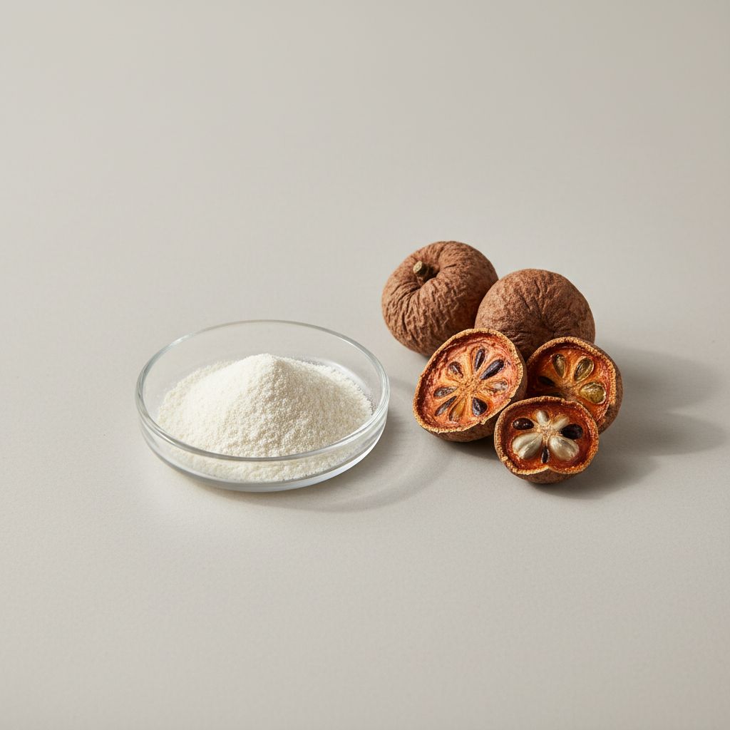 Illustrative studio sample of Monk Fruit Extract beside Siraitia grosvenorii source material