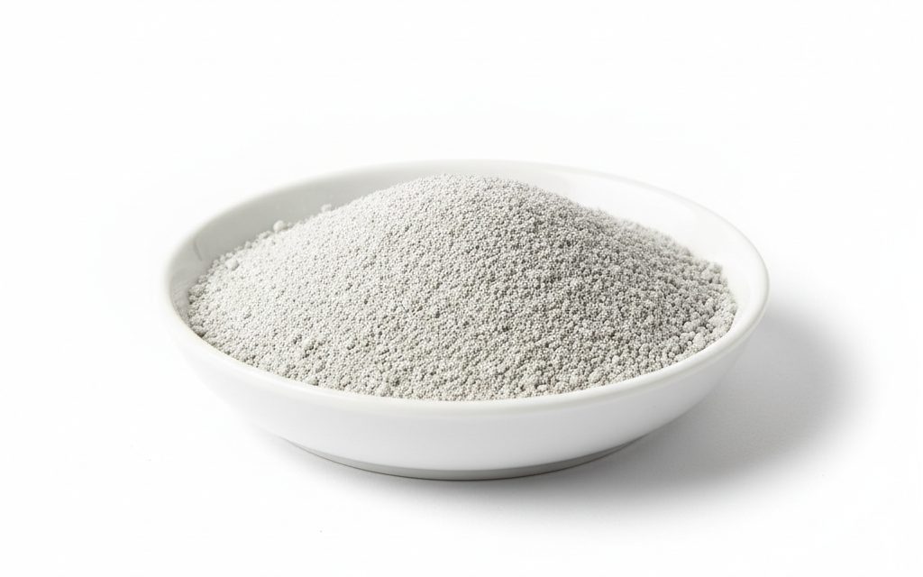Monocalcium Phosphate — granular or powdered greyish-white solid, featuring a porous texture and consistent particle size for easy mixing and blending, studio product photograph