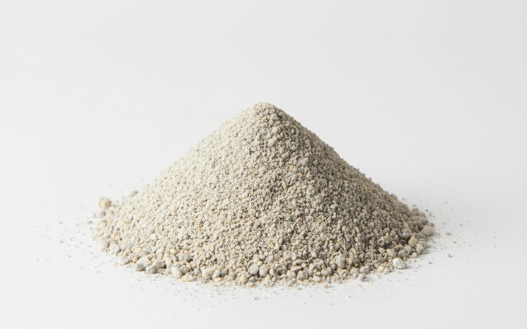 Mono-Dicalcium Phosphate — light grey to beige granules or powder, combining fine and coarse particles with a dense, solid physical structure, studio product photograph