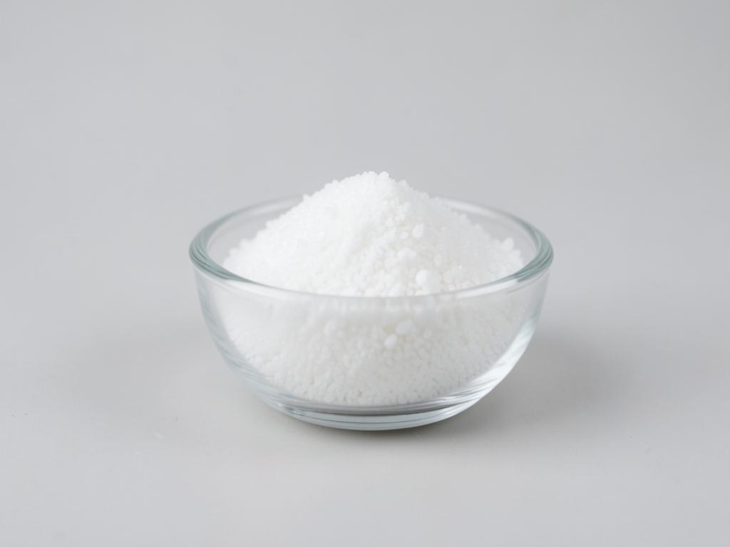 Monosodium phosphate shown as small white crystalline granules in a clear glass dish in a neutral studio photograph