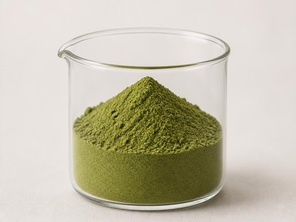 Moringa Leaf Extract — studio photograph of the concentrated olive-green moringa leaf extract powder in a laboratory beaker