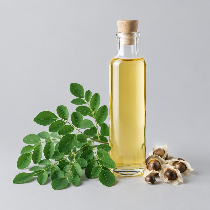 Moringa Oil — Cosmetic Grade — studio photograph of pale yellow oil, presented as a B2B sourcing category illustration