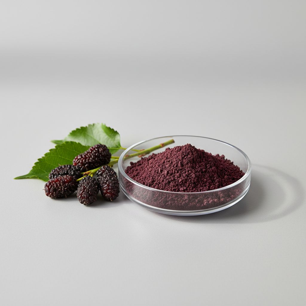 Illustrative studio sample of Mulberry Juice Powder beside Morus spp. source material