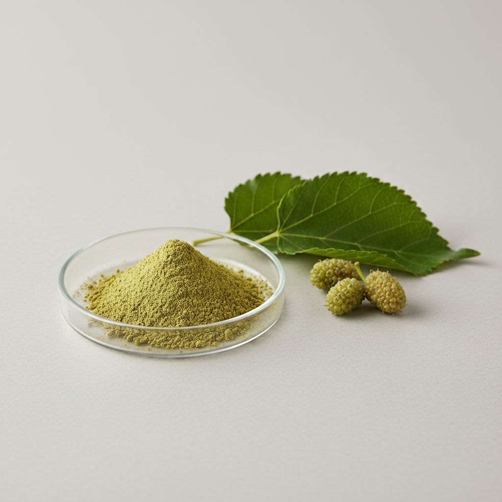 Illustrative studio sample of Mulberry Leaf Extract beside Morus alba source material