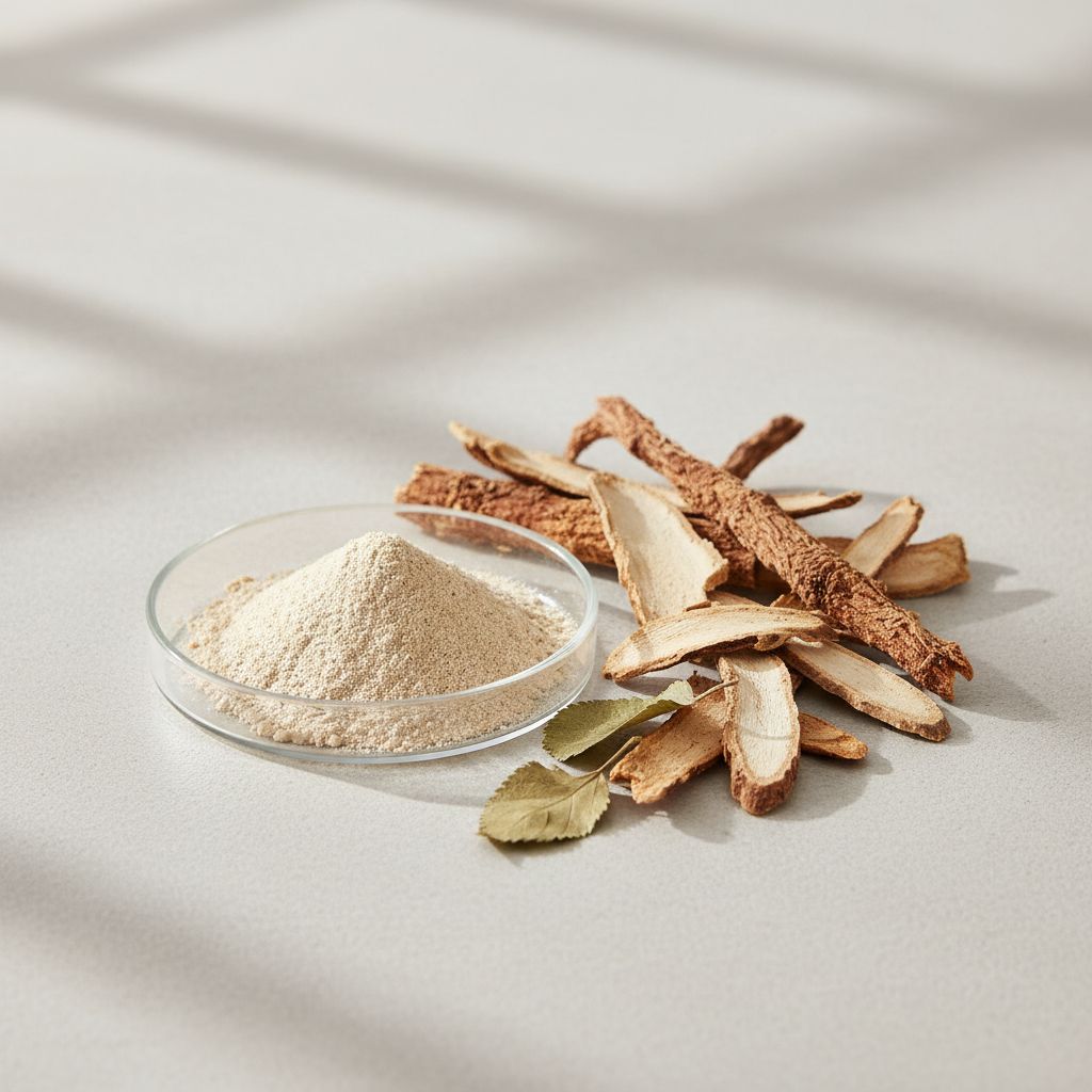 Illustrative studio sample of Mulberry Root Bark (Cortex Mori) Extract beside Morus alba source material