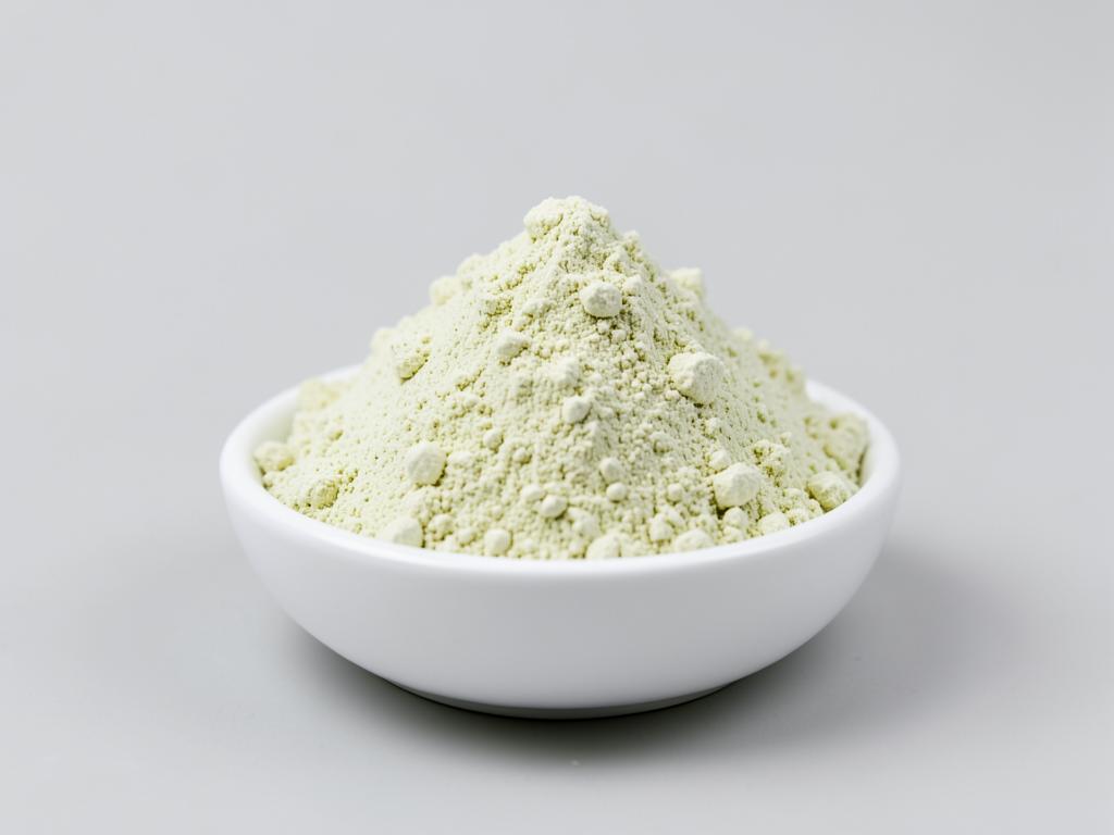 Mung bean protein shown as a pale cream-green fine powder heap in a neutral studio photograph