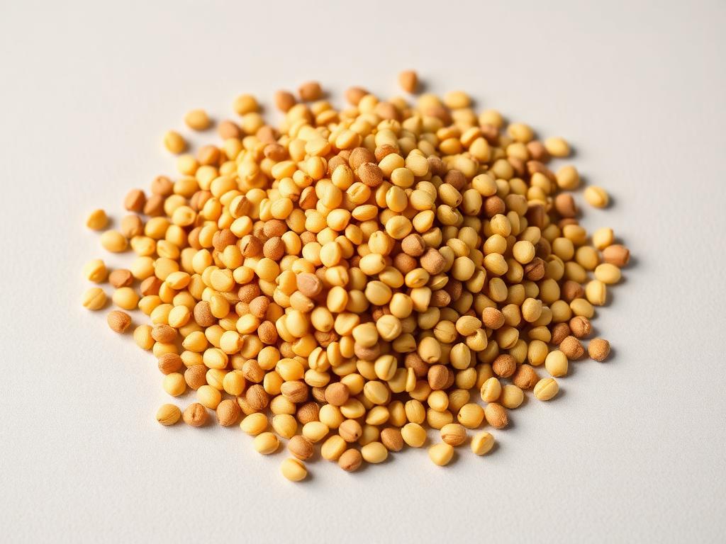 Mustard seed for sowing shown as a neutral studio product photograph of certified planting seed in bulk