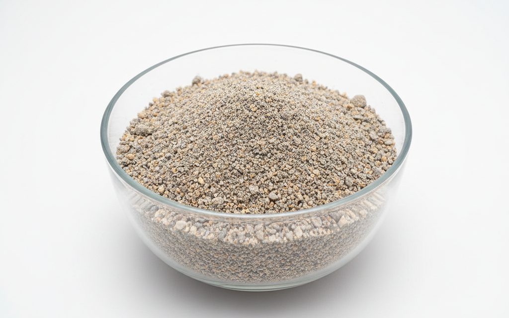 Mycotoxin Binder — grey, tan, or beige fine powder or granules, appearing as a dry, earthy, and mineral-like solid mixture, studio product photograph