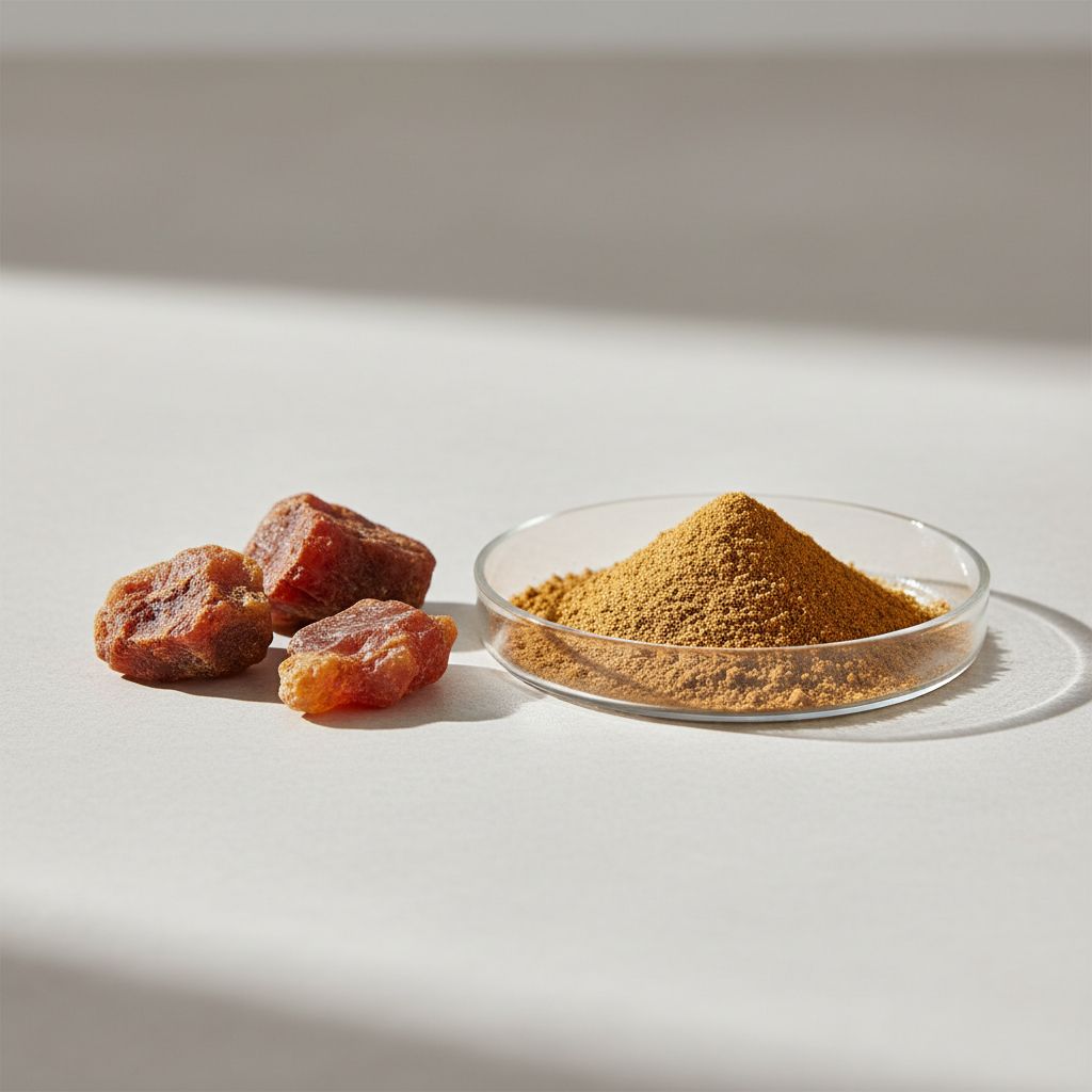 Illustrative studio sample of Myrrh Extract beside Commiphora myrrha source material