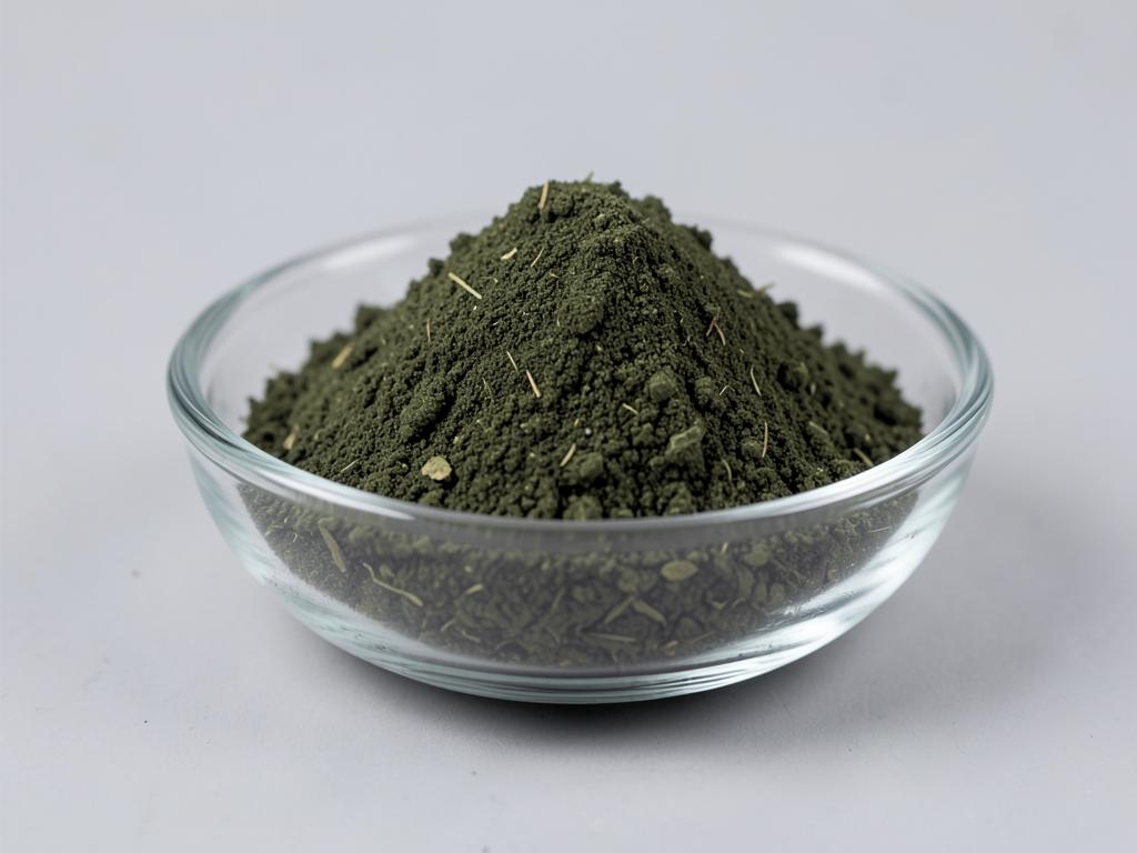 Neem Leaf Powder shown as a dried milled botanical powder in a shallow dish in a neutral studio photograph