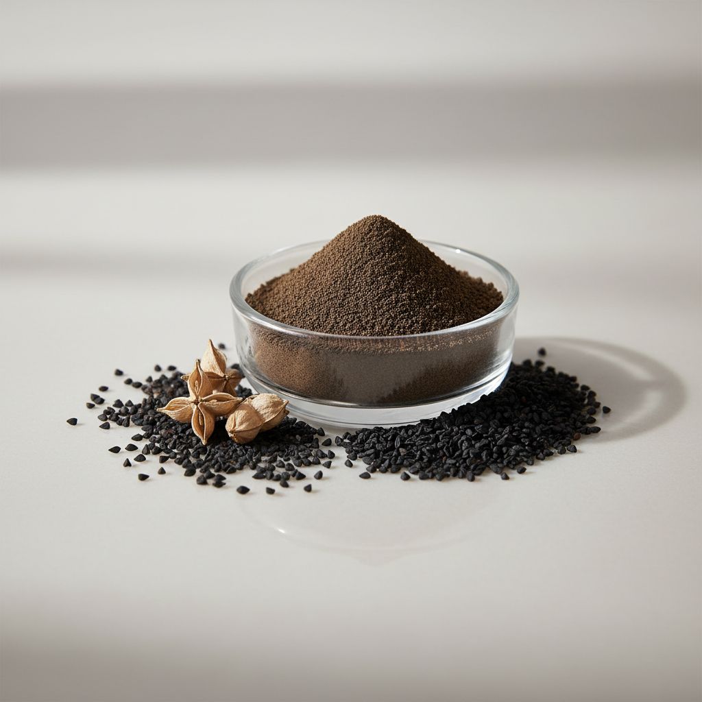 Illustrative studio sample of Nigella (Black Seed) Extract beside Nigella sativa source material