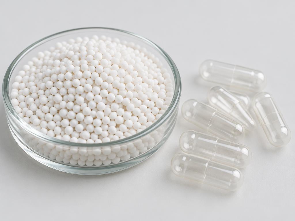 White coated granules beside empty capsules — generic product illustration