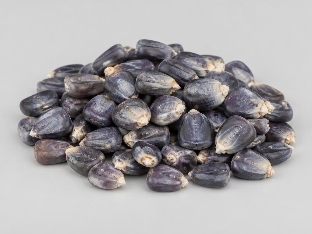 Non-GMO blue corn kernels shown as a neutral studio photograph of the pigmented food-use grain
