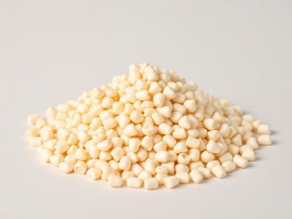 Non-GMO white corn kernels shown as a neutral studio photograph of the dry food-use grain