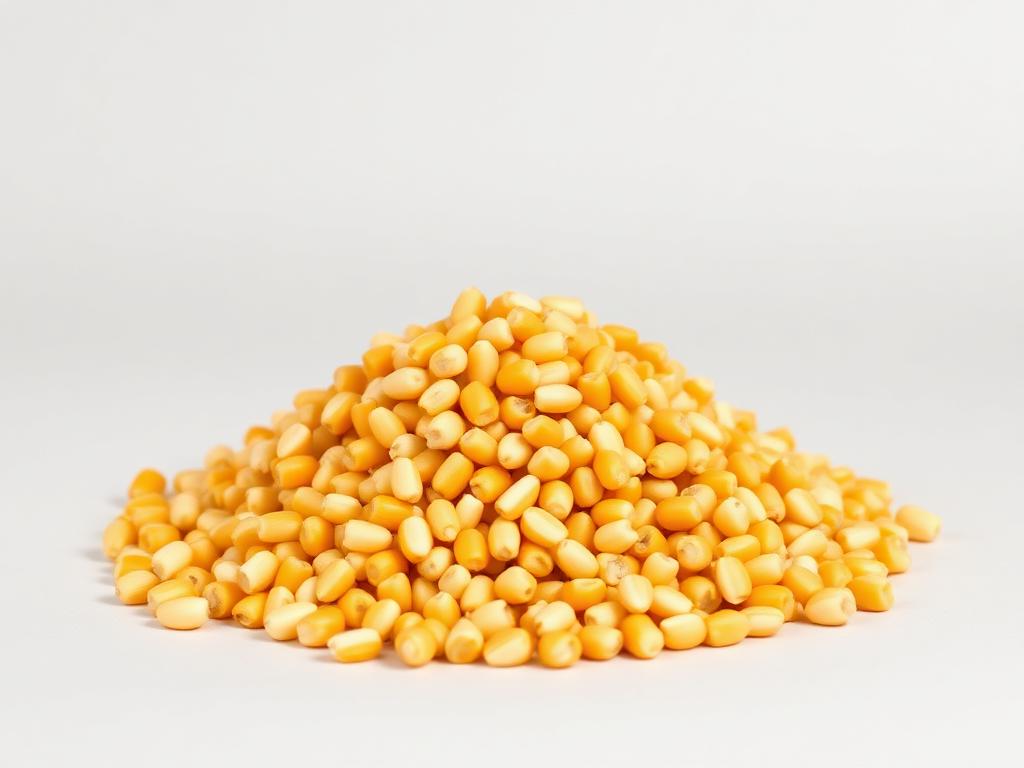 Non-GMO yellow dent corn kernels shown as a neutral studio photograph of the dry food-use grain